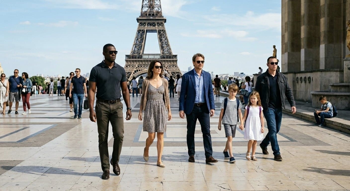 Protection rapprochée d'une famille devant la tour Eiffel à Paris